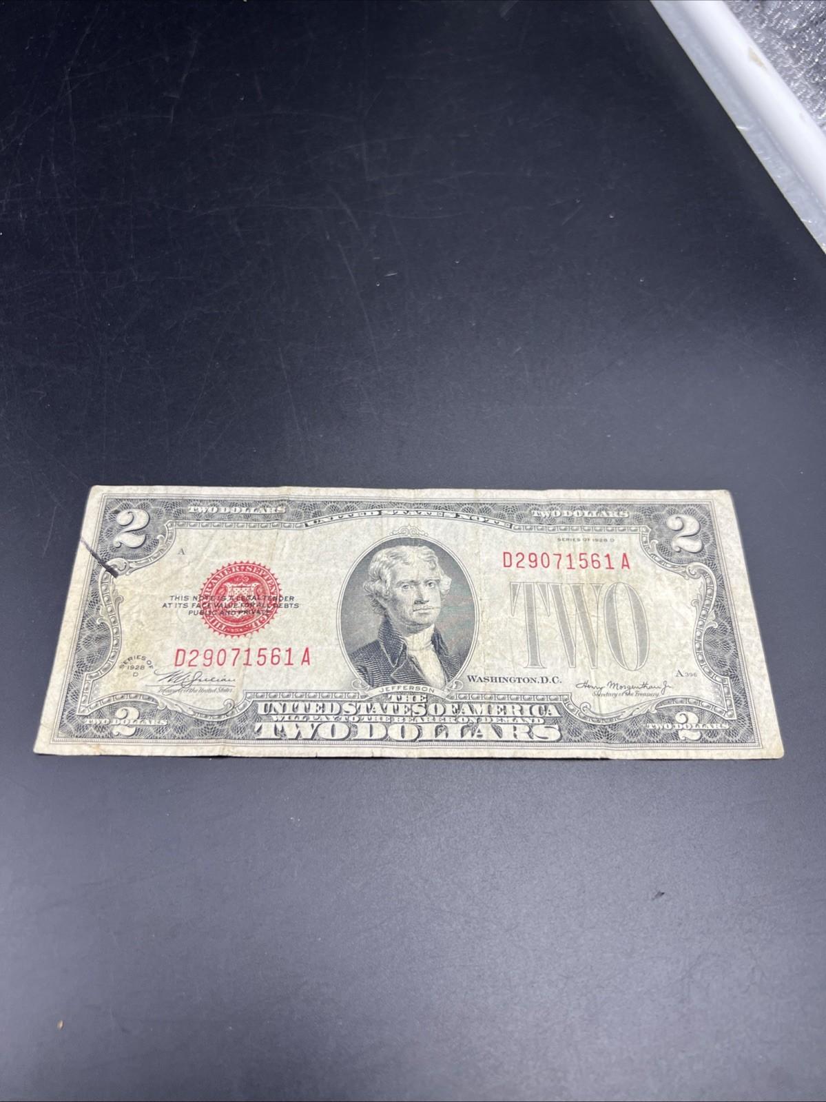 1928 D $2 USN United States Note Red Seal VG Very Good Circ #61