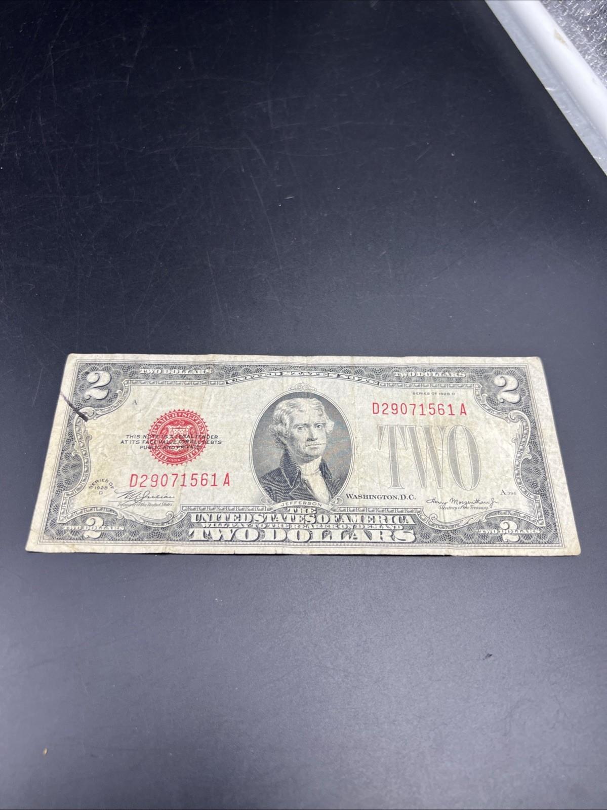 1928 D $2 USN United States Note Red Seal VG Very Good Circ #61