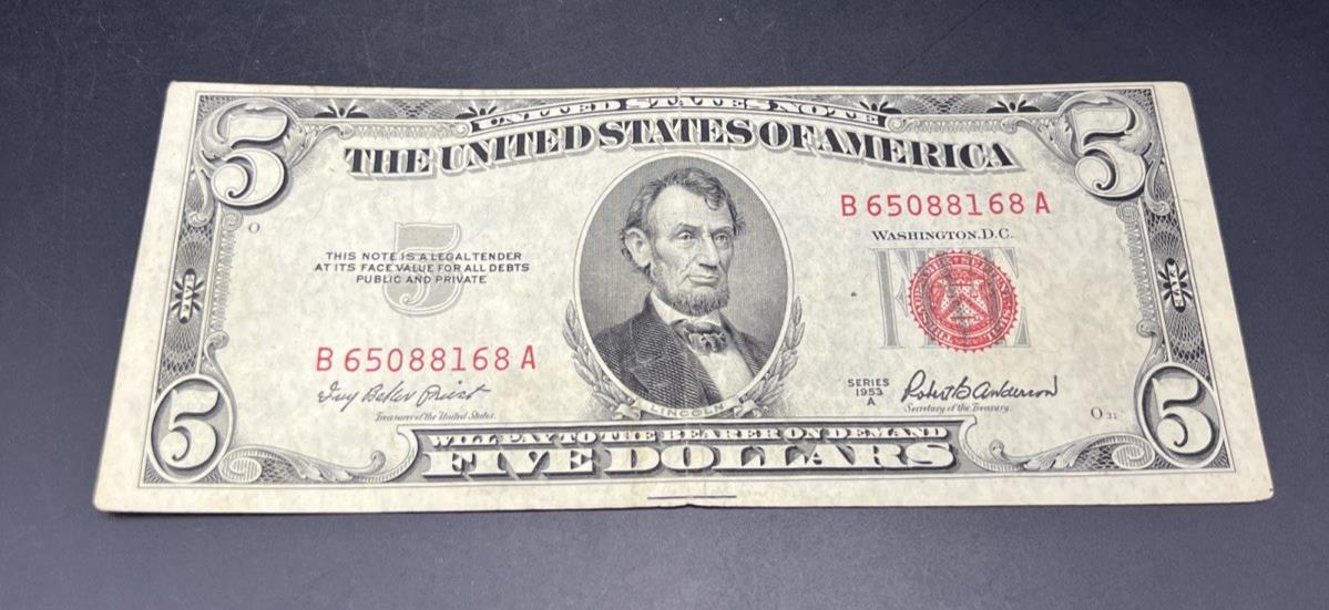 1953 A $5 USN United States Note Red Seal VG / Fine Circ #168