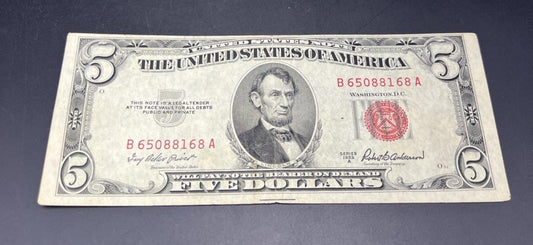 1953 A $5 USN United States Note Red Seal VG / Fine Circ #168