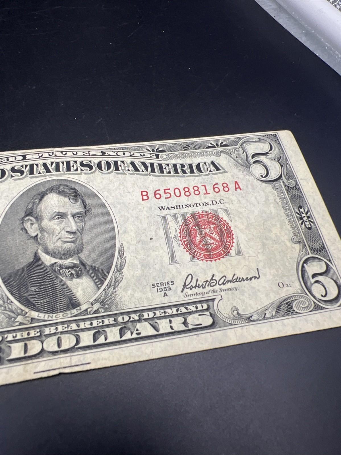 1953 A $5 USN United States Note Red Seal VG / Fine Circ #168