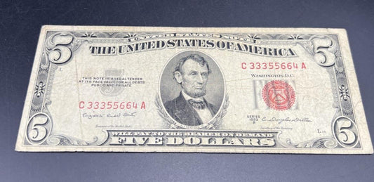 1953 B $5 USN United States Note Red Seal VG Circ Neat Serial #33355664
