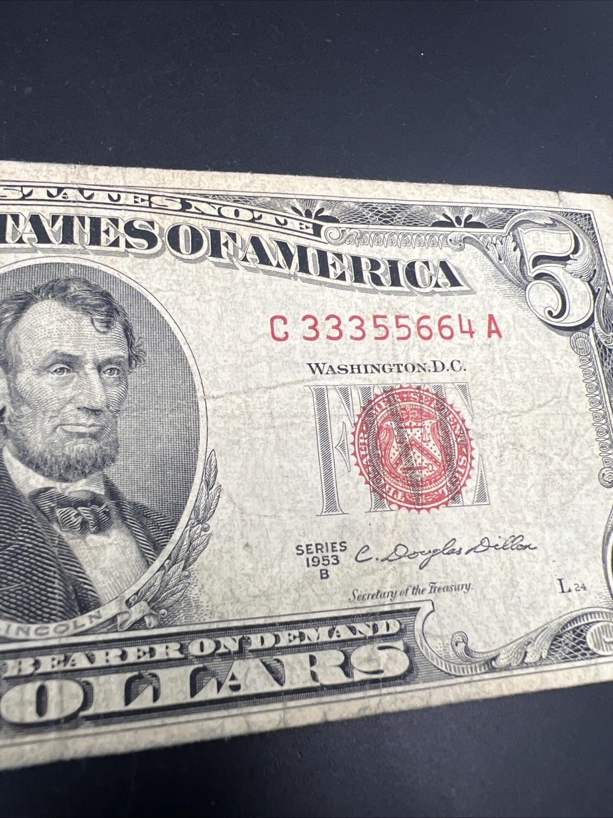 1953 B $5 USN United States Note Red Seal VG Circ Neat Serial #33355664