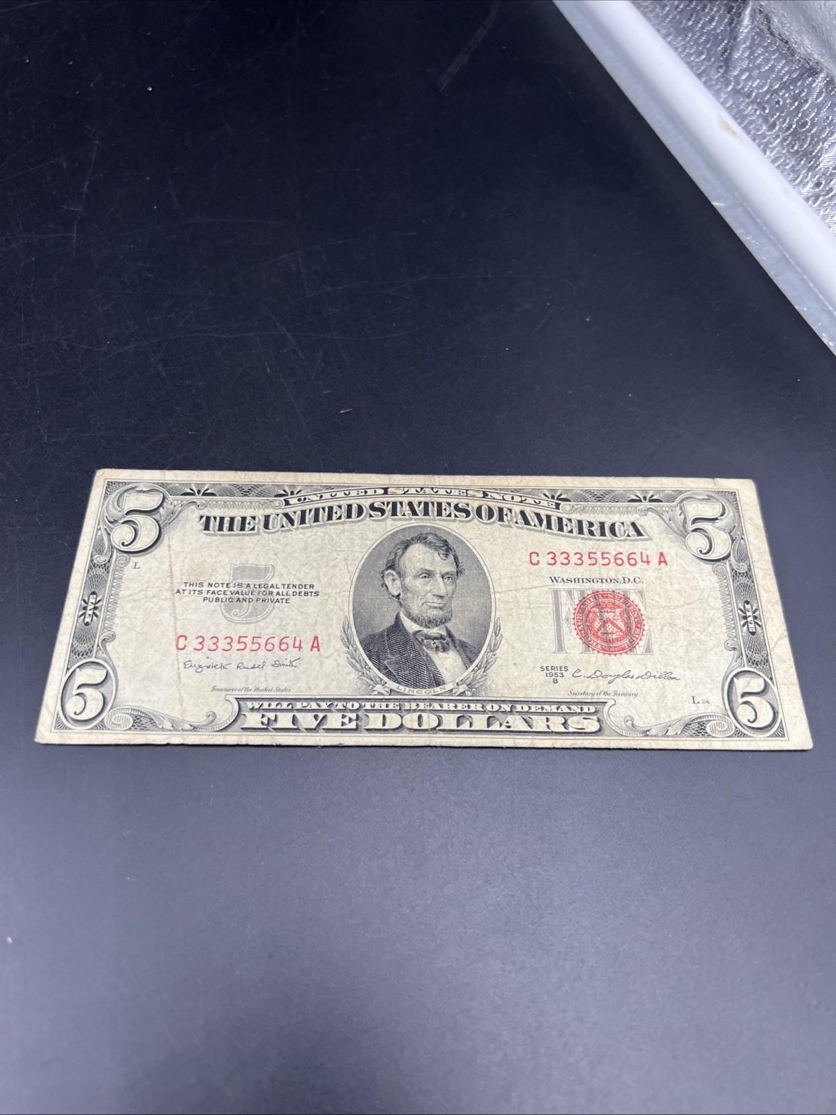 1953 B $5 USN United States Note Red Seal VG Circ Neat Serial #33355664