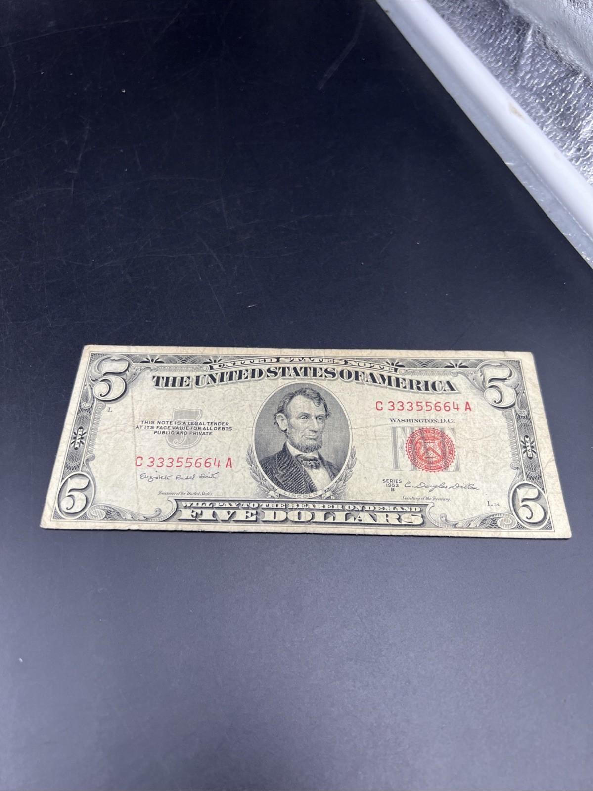 1953 B $5 USN United States Note Red Seal VG Circ Neat Serial #33355664