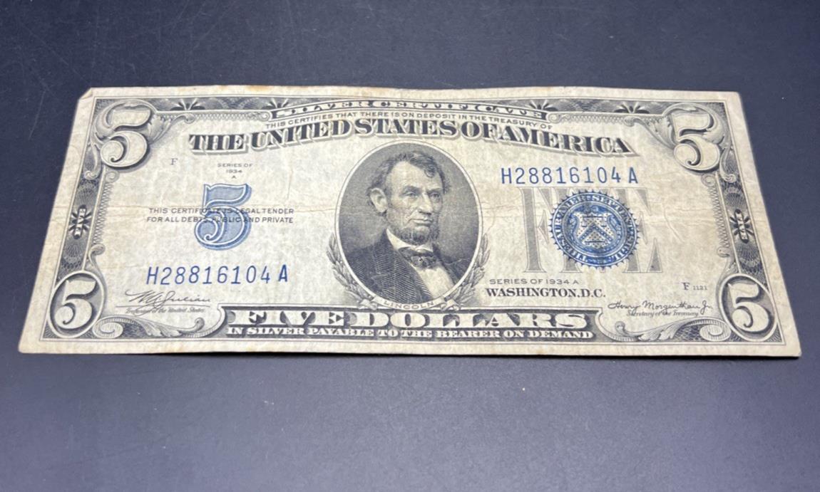 1934 A $5 Silver Certificate Note Blue Seal Bill VG Circ #104