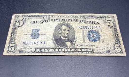 1934 A $5 Silver Certificate Note Blue Seal Bill VG Circ #104