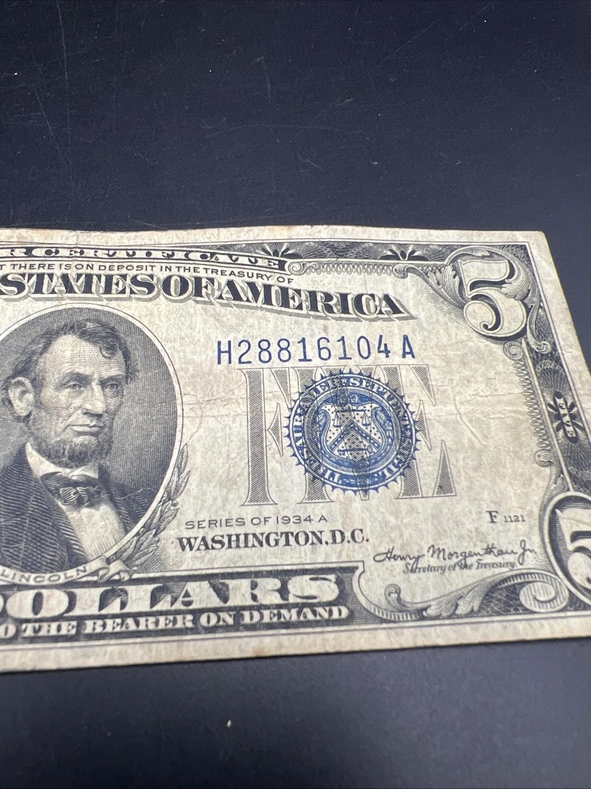 1934 A $5 Silver Certificate Note Blue Seal Bill VG Circ #104