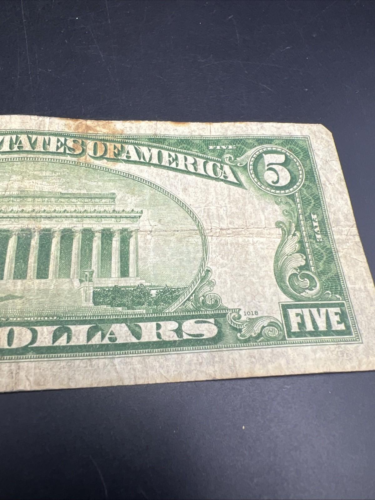 1934 A $5 Silver Certificate Note Blue Seal Bill VG Circ #104