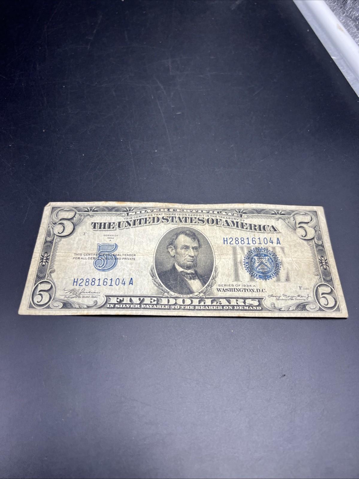 1934 A $5 Silver Certificate Note Blue Seal Bill VG Circ #104