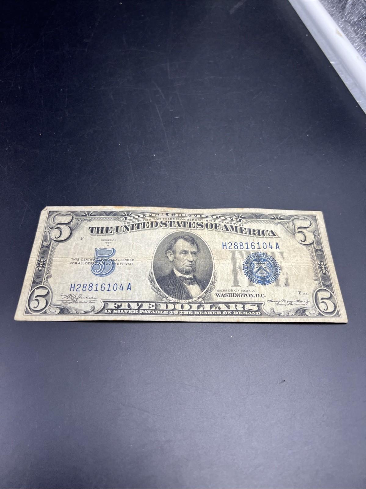 1934 A $5 Silver Certificate Note Blue Seal Bill VG Circ #104