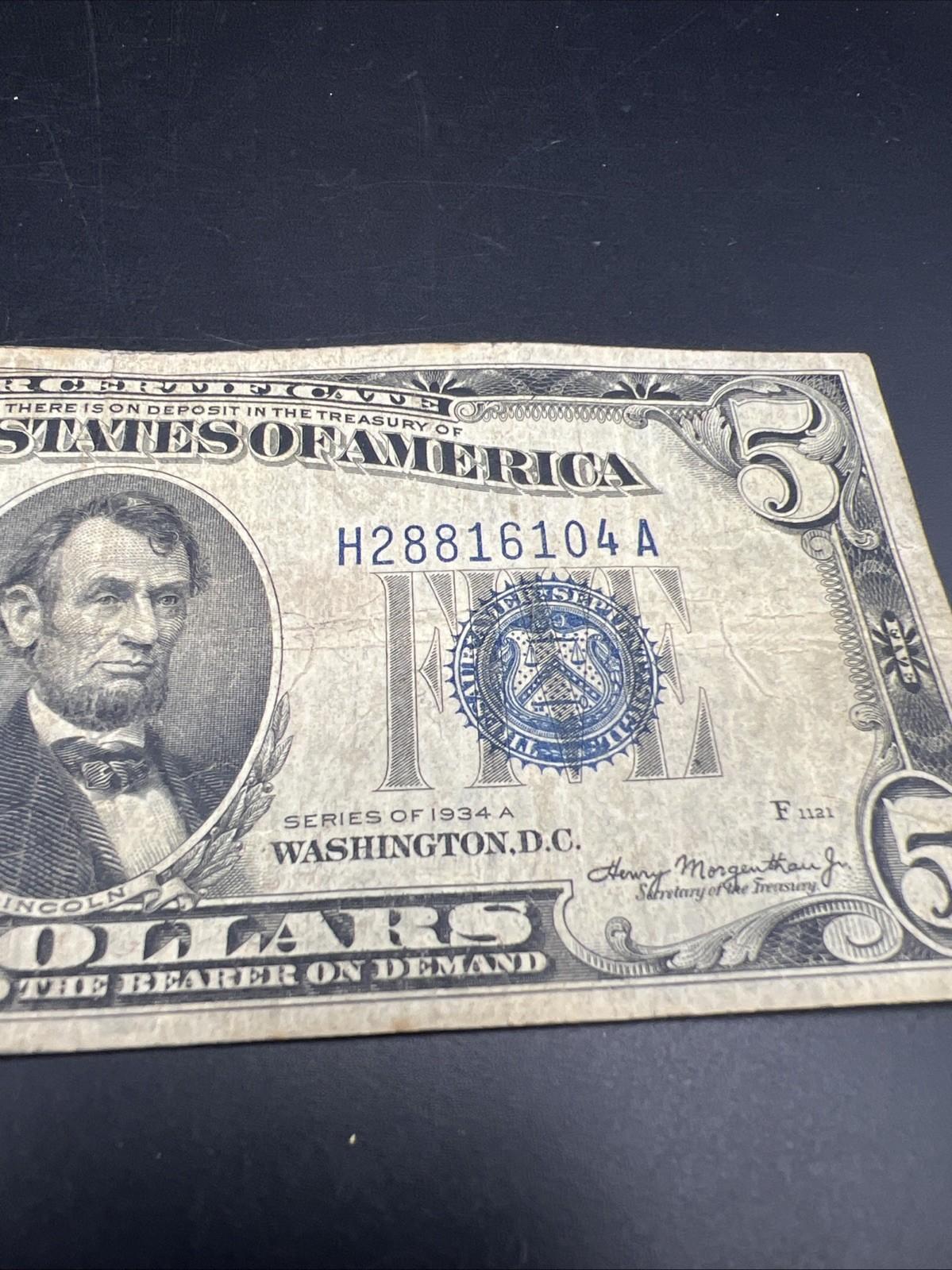 1934 A $5 Silver Certificate Note Blue Seal Bill VG Circ #104