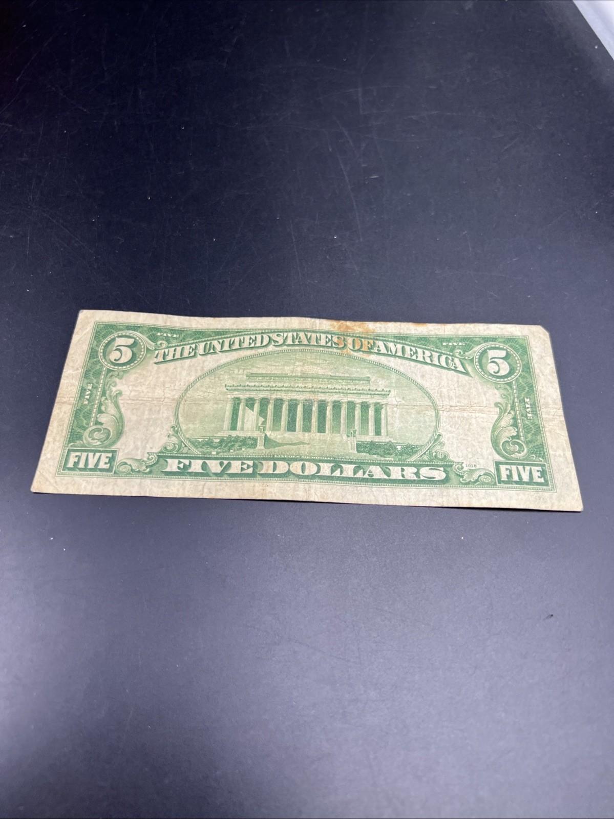 1934 A $5 Silver Certificate Note Blue Seal Bill VG Circ #104