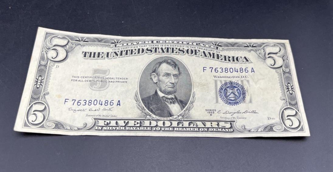 1953 B $5 Silver Certificate Note Blue Seal Bill Fine Circ #486