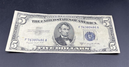 1953 B $5 Silver Certificate Note Blue Seal Bill Fine Circ #486