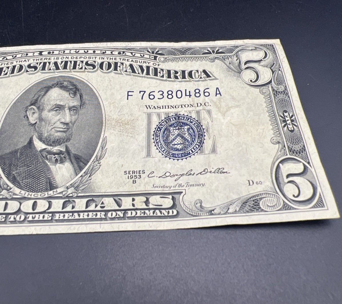 1953 B $5 Silver Certificate Note Blue Seal Bill Fine Circ #486