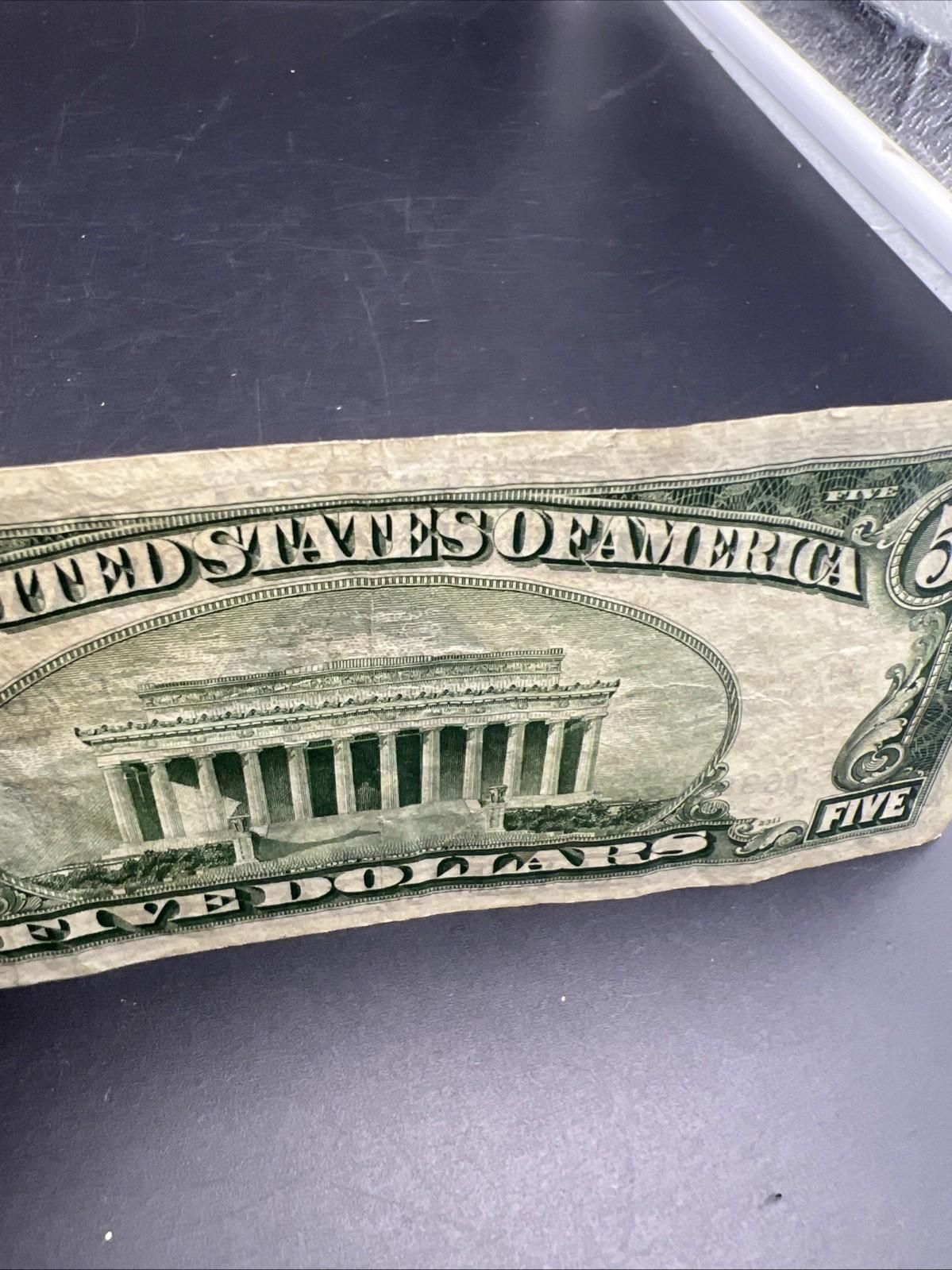 1953 B $5 Silver Certificate Note Blue Seal Bill Fine Circ #486