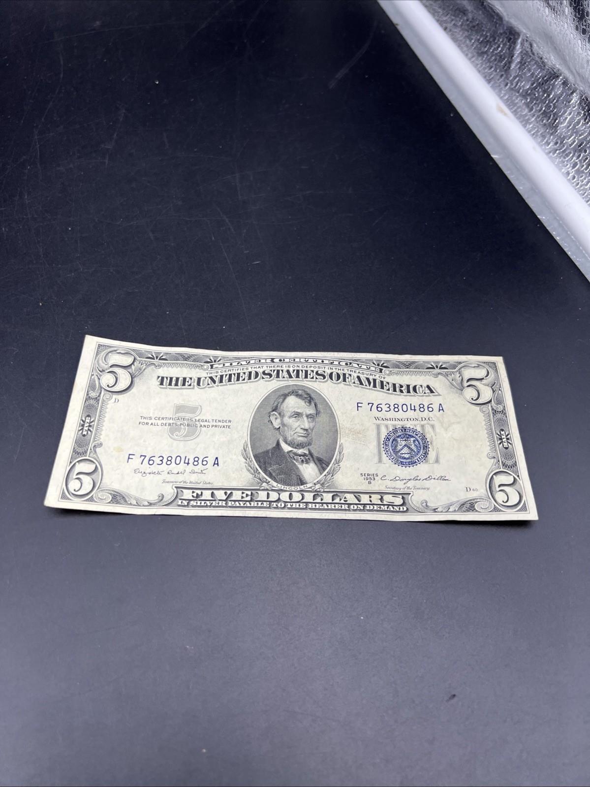 1953 B $5 Silver Certificate Note Blue Seal Bill Fine Circ #486