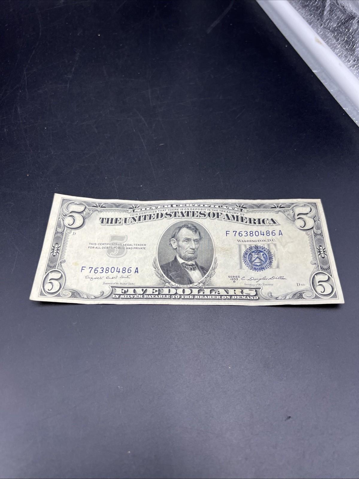 1953 B $5 Silver Certificate Note Blue Seal Bill Fine Circ #486