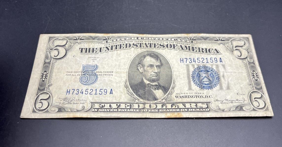 1934 A $5 Silver Certificate Note Blue Seal Bill VG Very Good Circ #159