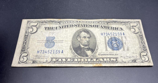 1934 A $5 Silver Certificate Note Blue Seal Bill VG Very Good Circ #159