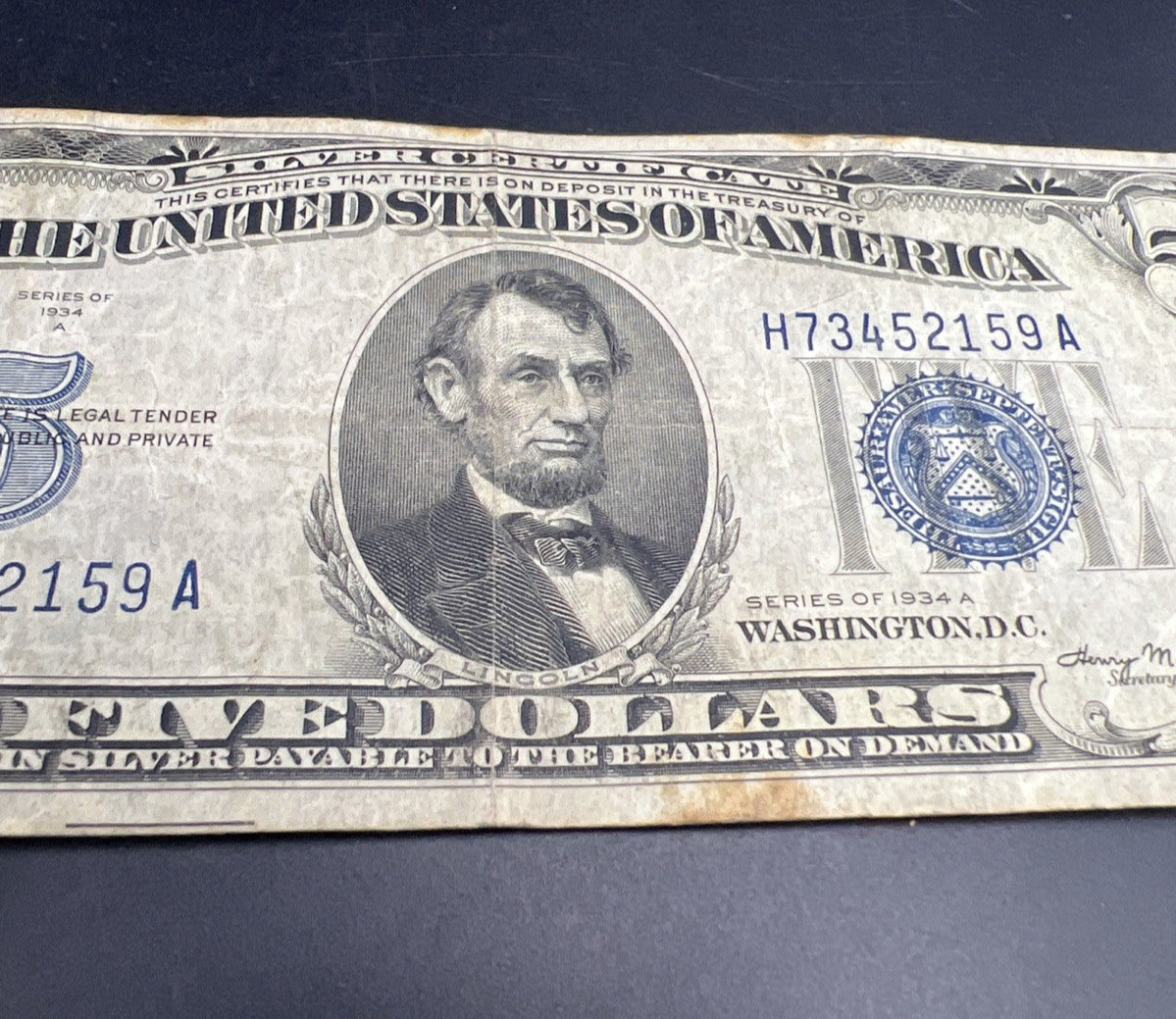 1934 A $5 Silver Certificate Note Blue Seal Bill VG Very Good Circ #159