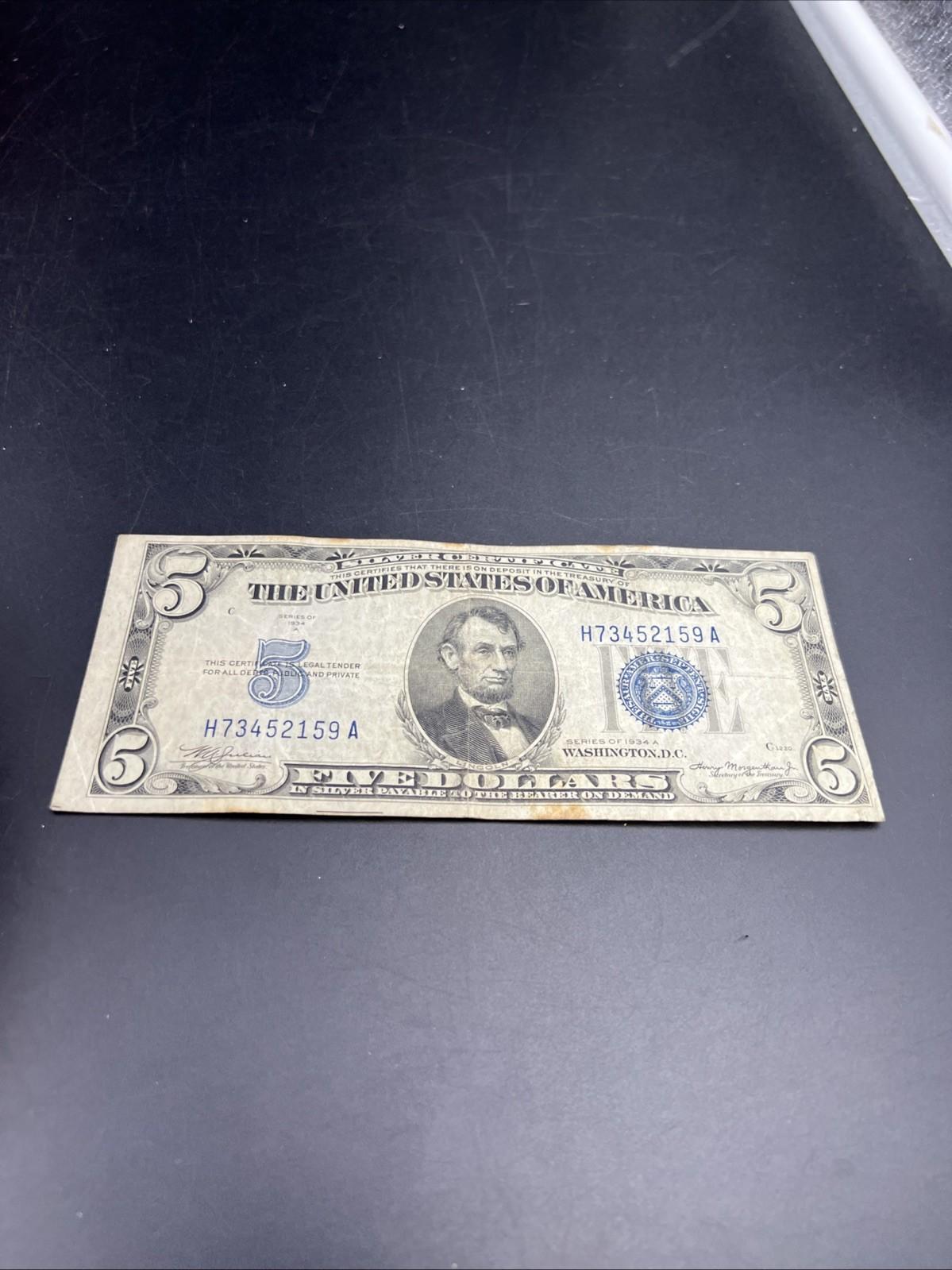 1934 A $5 Silver Certificate Note Blue Seal Bill VG Very Good Circ #159