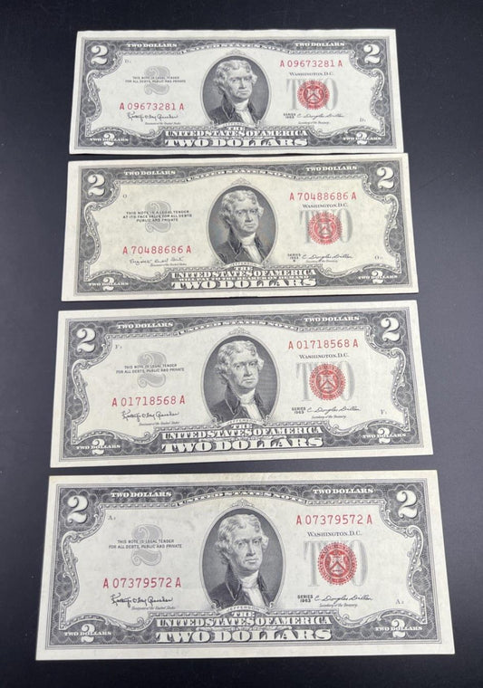 4 Note Lot 1963 1953 $2 Two Dollar USN United States Notes Red Seal VF / XF #572