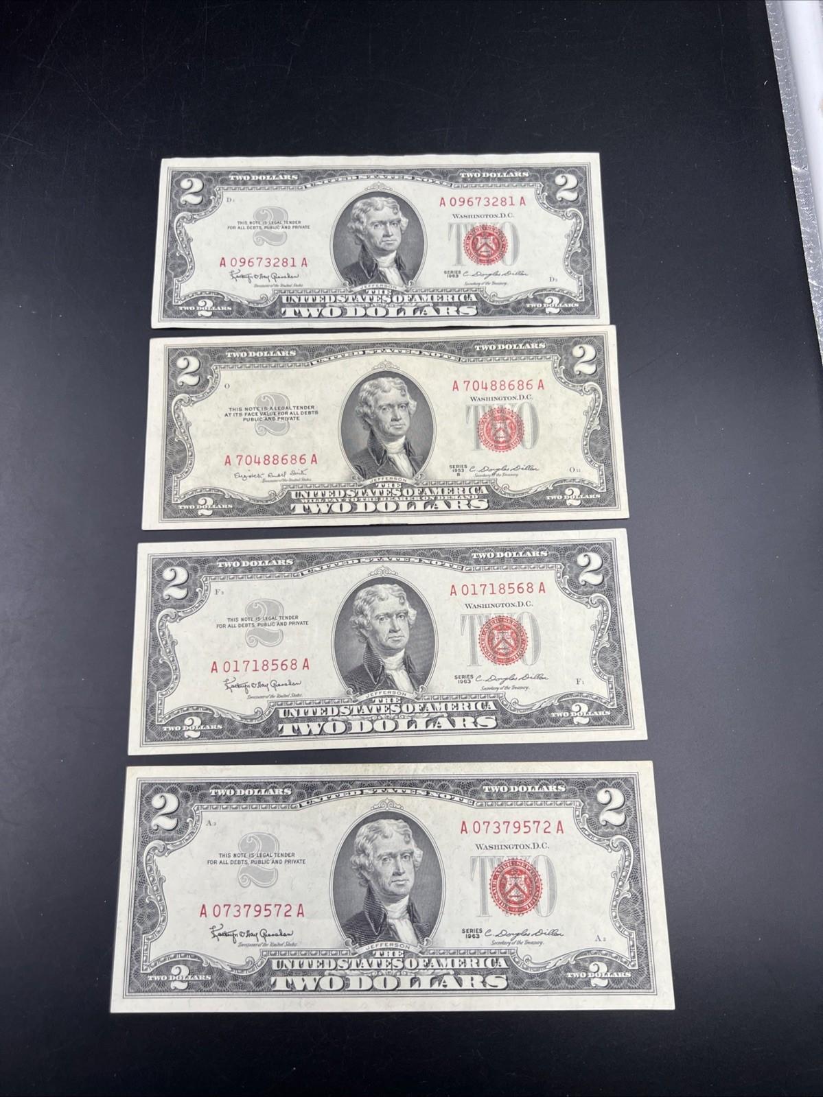 4 Note Lot 1963 1953 $2 Two Dollar USN United States Notes Red Seal VF / XF #572