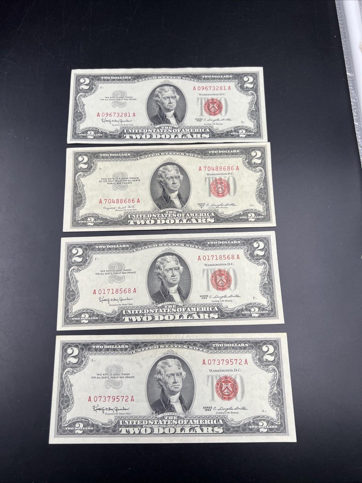 4 Note Lot 1963 1953 $2 Two Dollar USN United States Notes Red Seal VF / XF #572