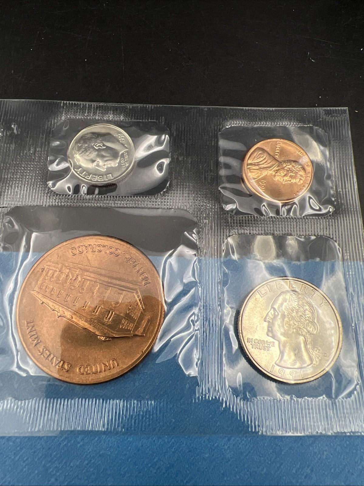 1991 D Denver Mint Souvenir Set Uncirculated Coins and Medal w/ Used Envelope