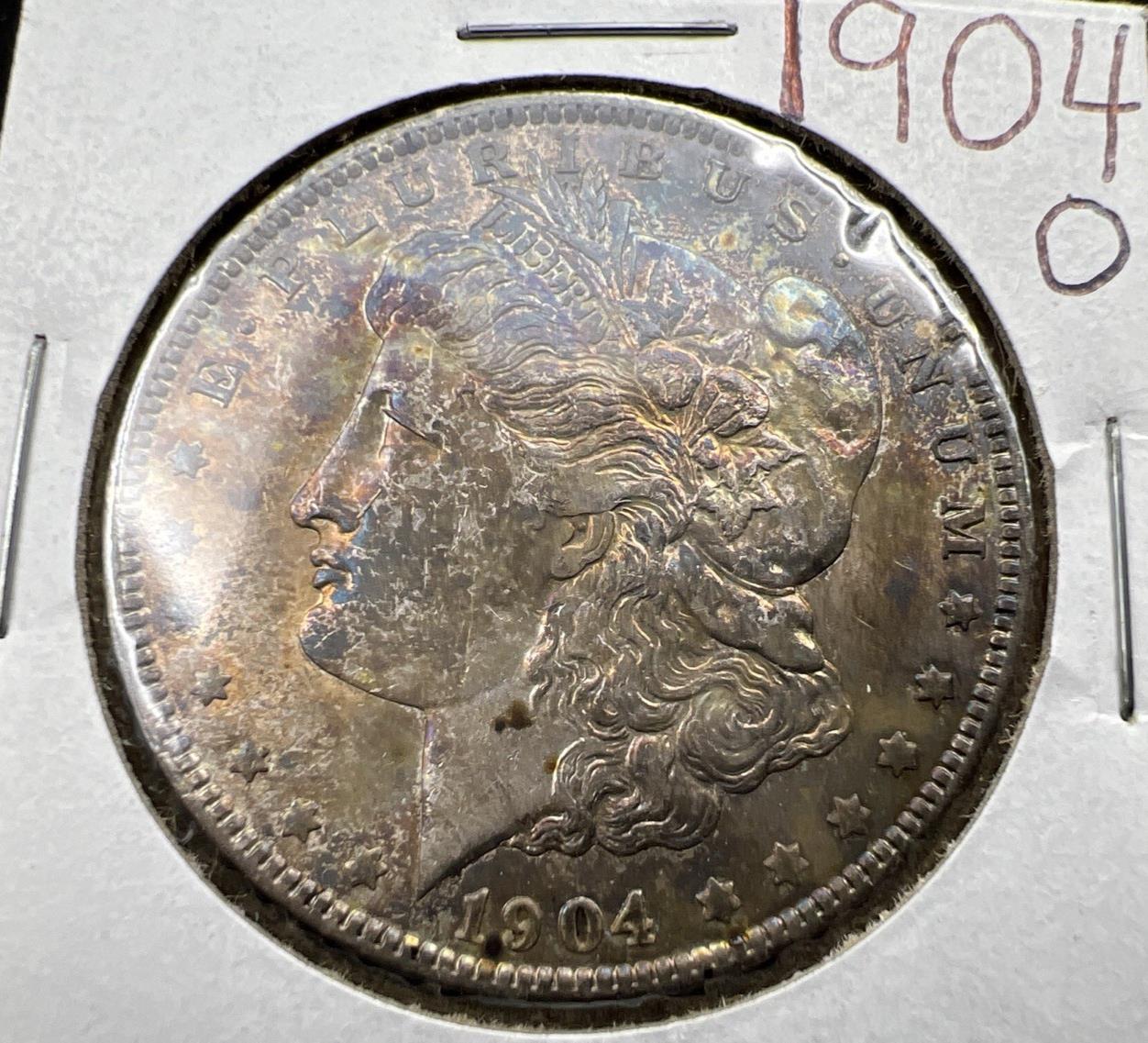 1904 O $1 Morgan Silver Dollar Coin CH XF / AU Neat Dark Toning Toner