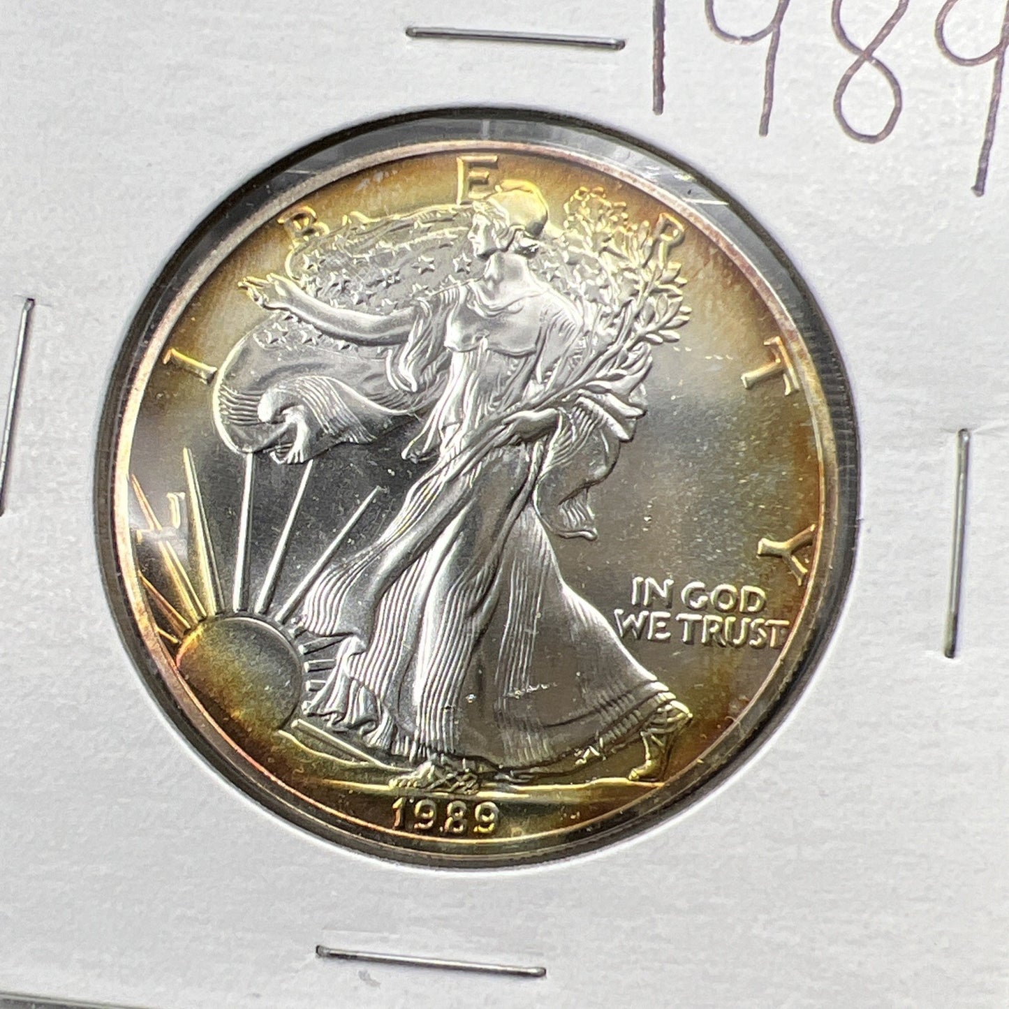 1989 1 Oz ASE American Silver Eagle Coin Gem BU UNC Nice Amber Halo Toning SK#E