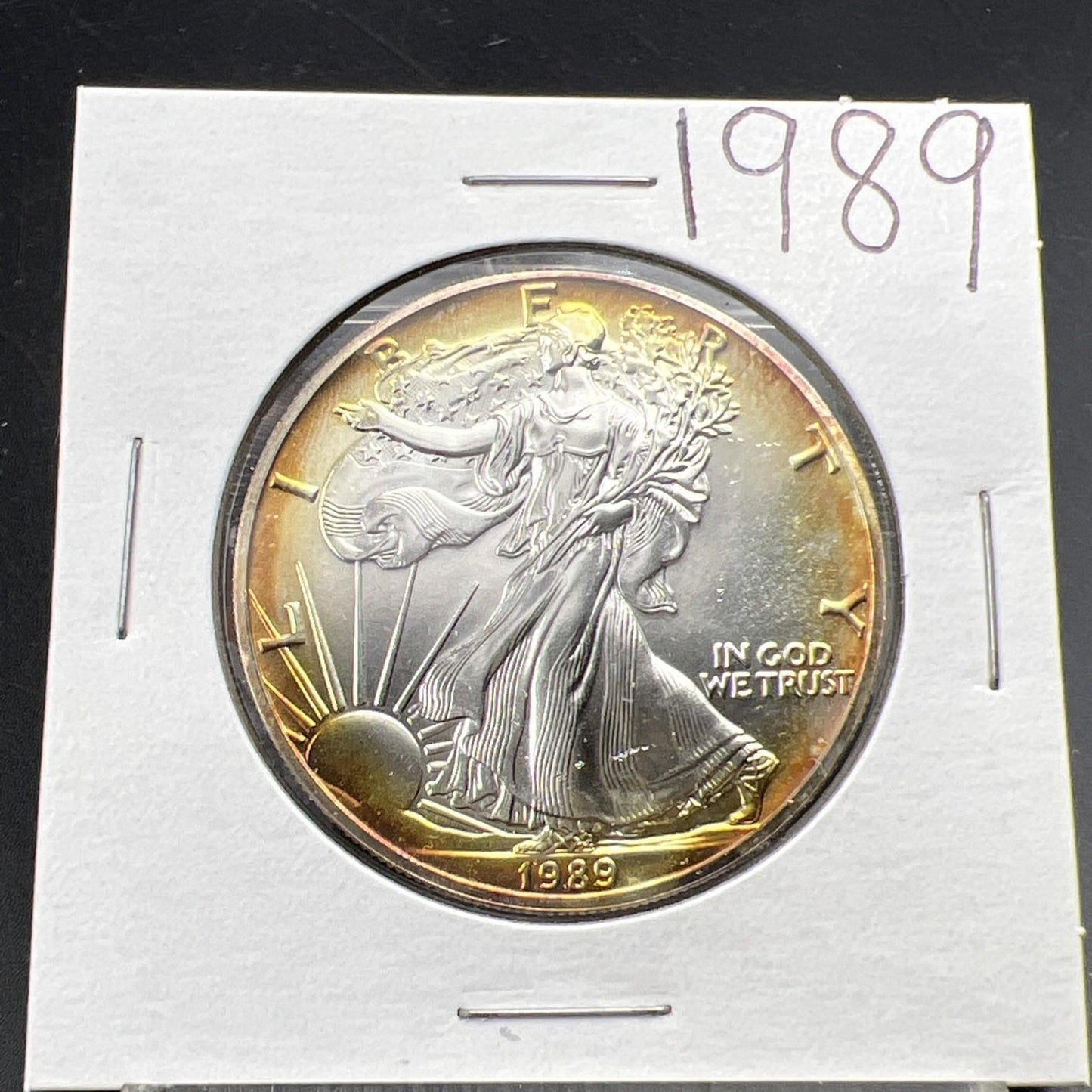 1989 1 Oz ASE American Silver Eagle Coin Gem BU UNC Nice Amber Halo Toning SK#E