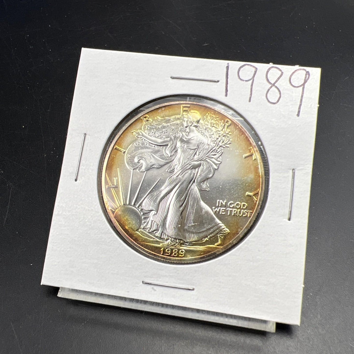 1989 1 Oz ASE American Silver Eagle Coin Gem BU UNC Nice Amber Halo Toning SK#E