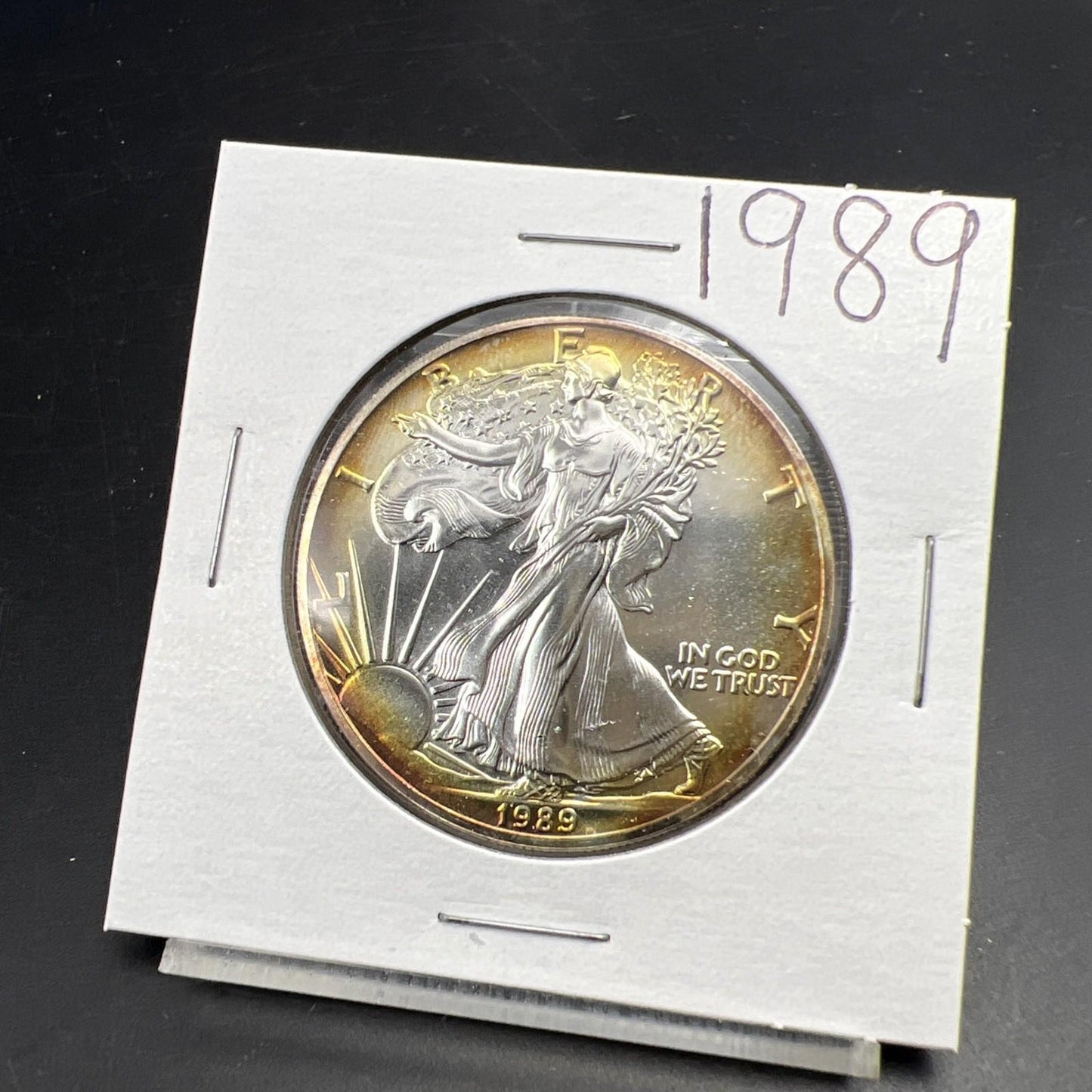 1989 1 Oz ASE American Silver Eagle Coin Gem BU UNC Nice Amber Halo Toning SK#E