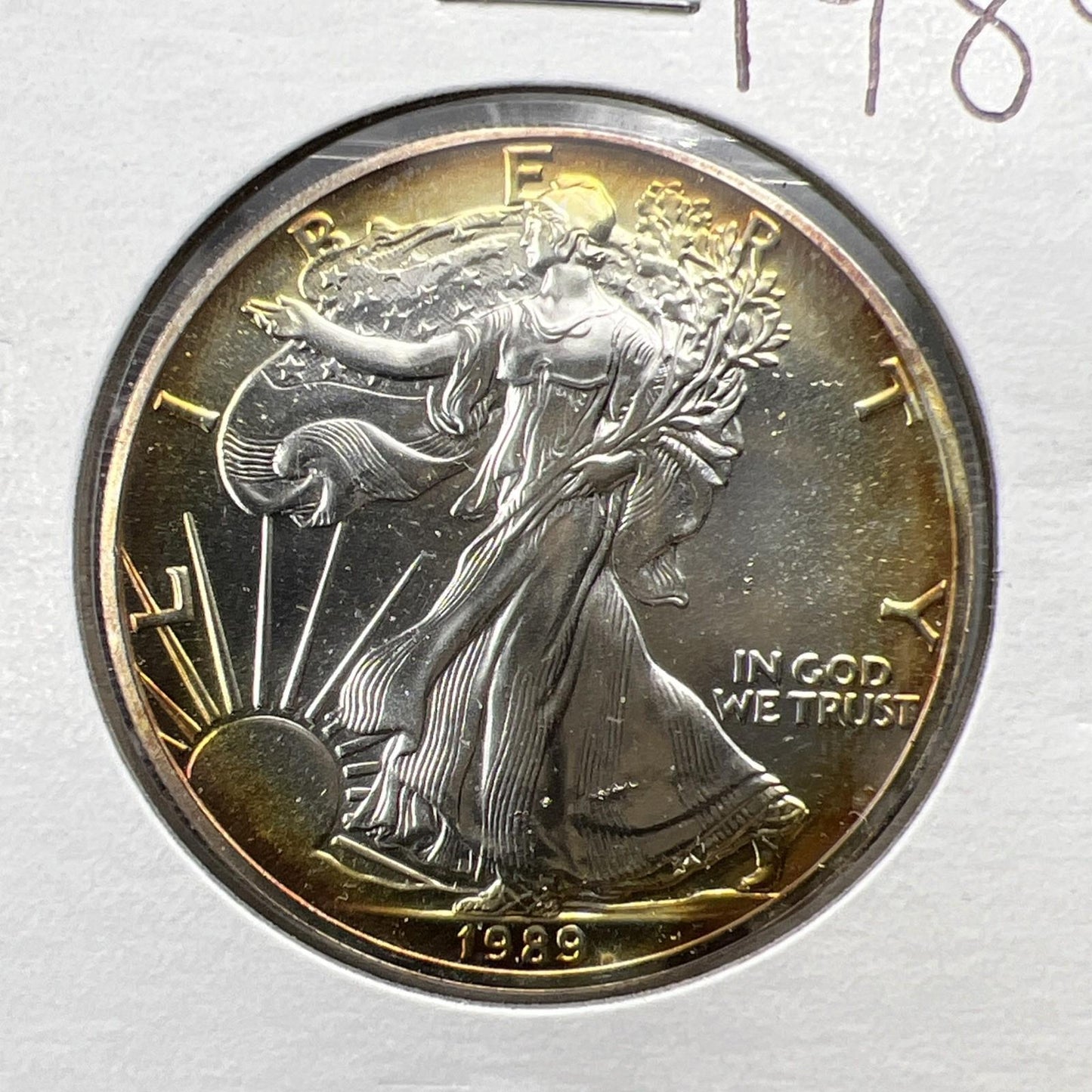 1989 1 Oz ASE American Silver Eagle Coin Gem BU UNC Nice Amber Halo Toning SK#E