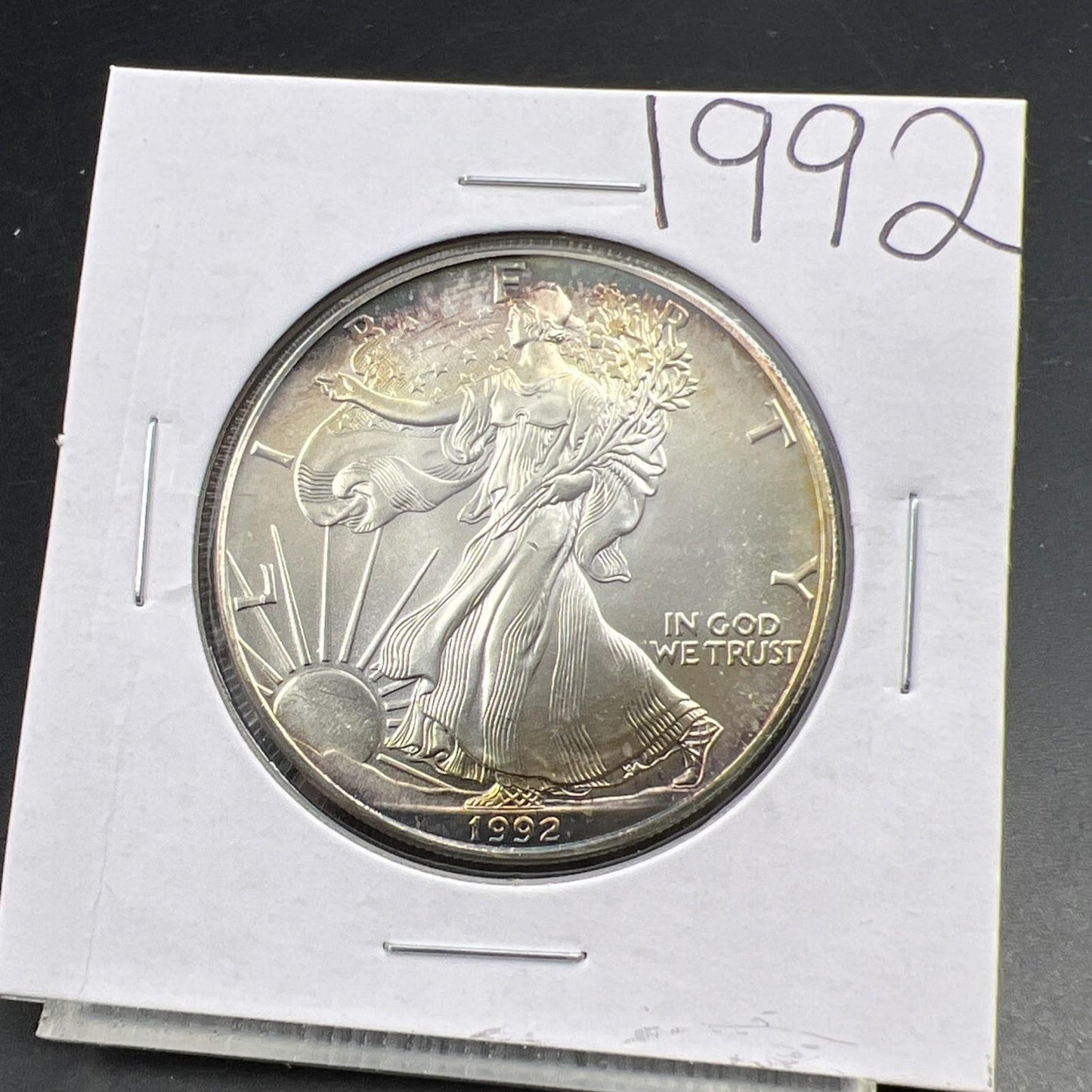 1992 1 Oz ASE American Silver Eagle Coin Gem BU UNC Neat Toning Toner