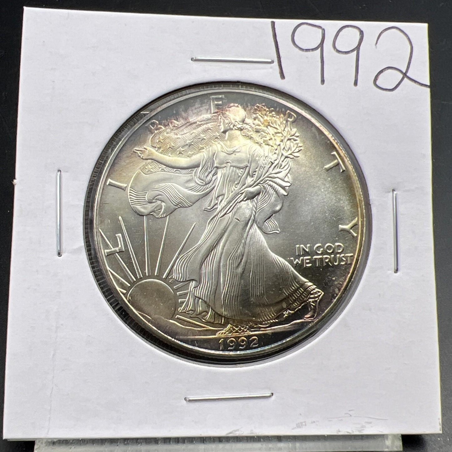 1992 1 Oz ASE American Silver Eagle Coin Gem BU UNC Neat Toning Toner