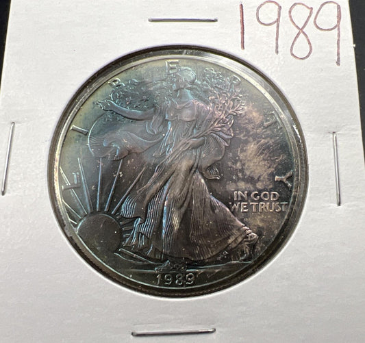 1989 1 Oz ASE American Silver Eagle Coin Gem BU UNC PQ Blue Toning Toner SK#B