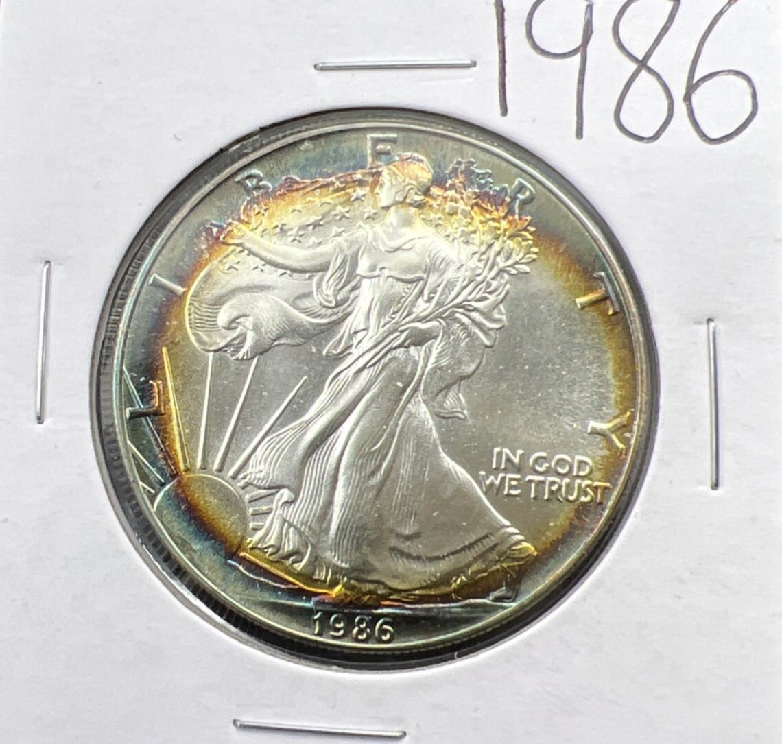 1986 1 Oz ASE American Silver Eagle Coin Gem BU UNC PQ Halo Toning Obverse
