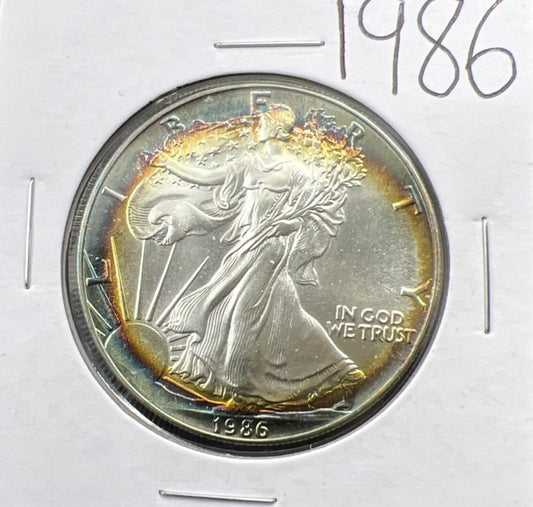 1986 1 Oz ASE American Silver Eagle Coin Gem BU UNC PQ Halo Toning Obverse