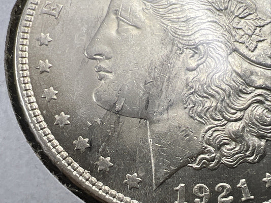 1921 P $1 Morgan Silver Dollar Error Coin Laminated Planchet Obverse UNC Details