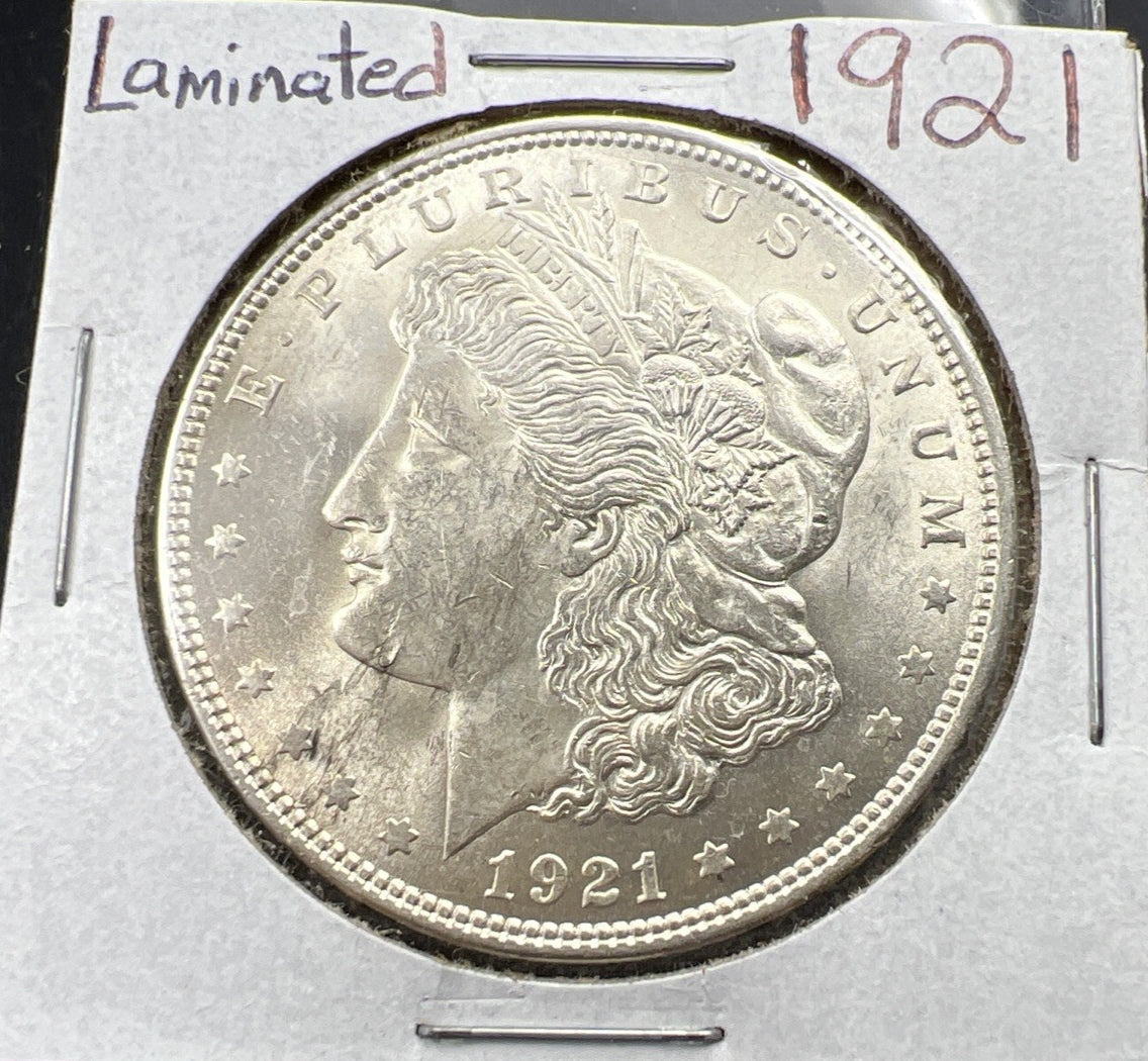 1921 P $1 Morgan Silver Dollar Error Coin Laminated Planchet Obverse UNC Details