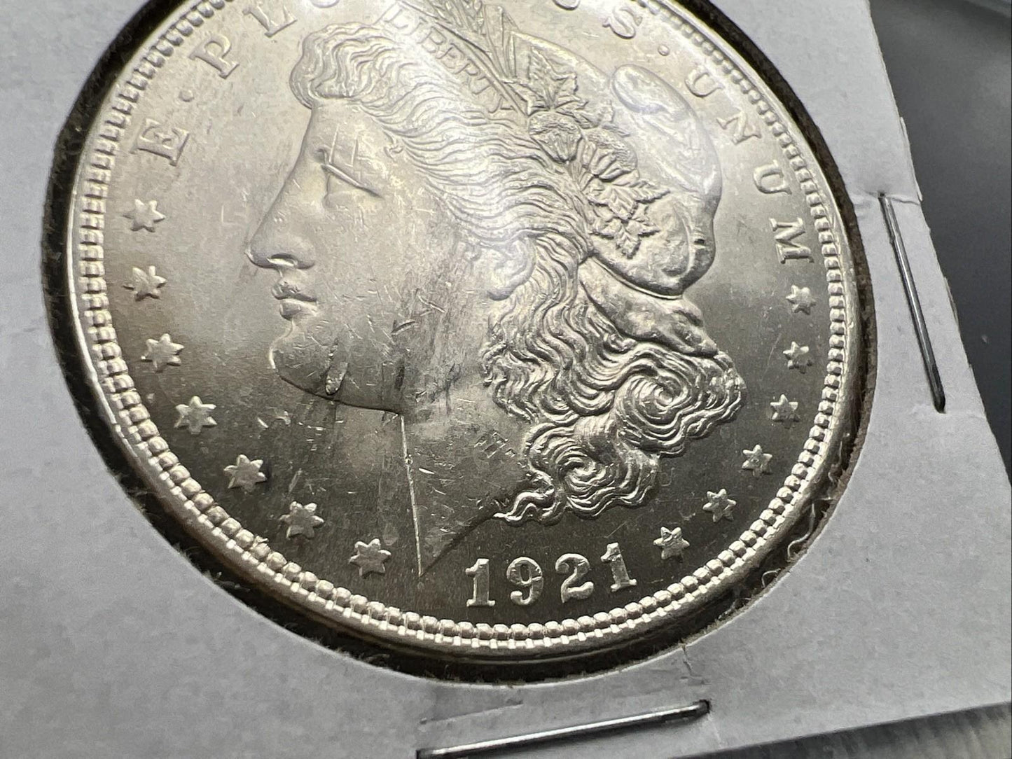 1921 P $1 Morgan Silver Dollar Error Coin Laminated Planchet Obverse UNC Details