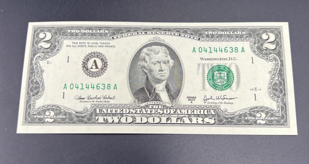 2003 A $2 Two Dollar FRN District A Boston Federal Reserve Note CH UNC #638