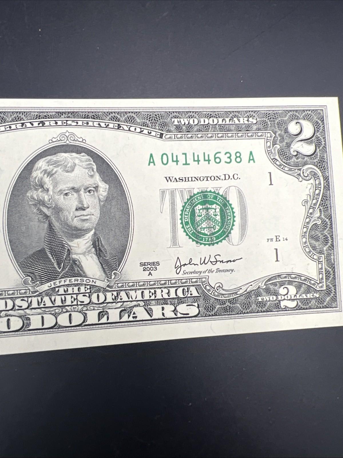 2003 A $2 Two Dollar FRN District A Boston Federal Reserve Note CH UNC #638