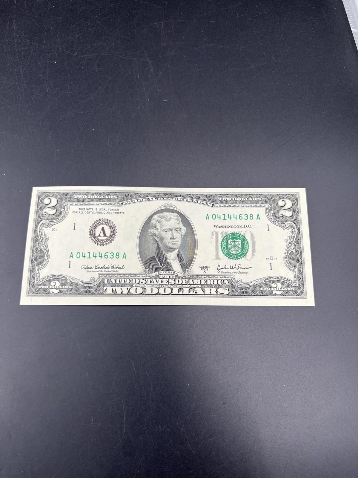 2003 A $2 Two Dollar FRN District A Boston Federal Reserve Note CH UNC #638