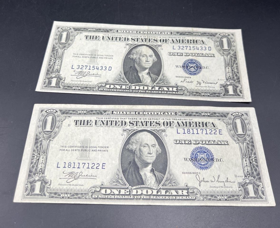 2 Note Set / Lot 1935 B & C $1 Blue Seal Silver Certificates CH VF Circ