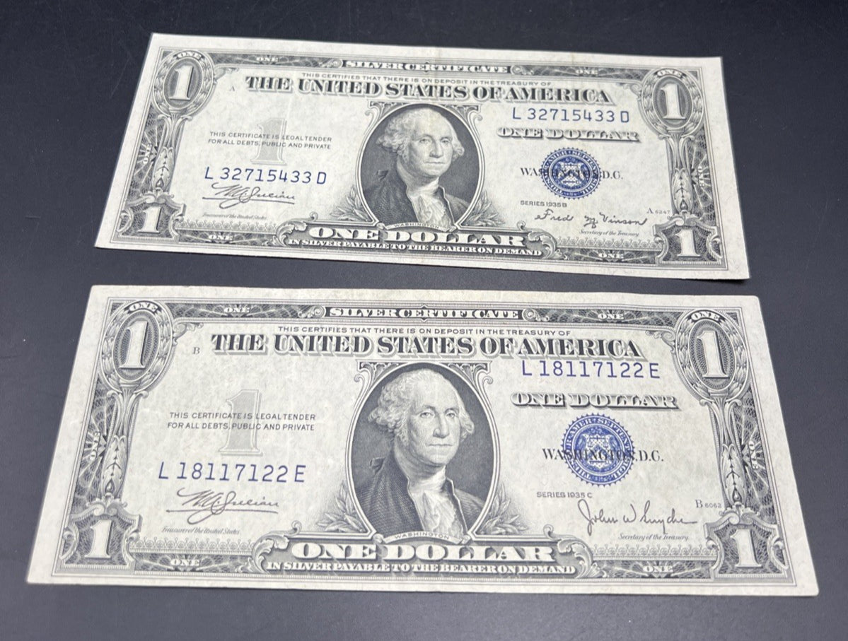 2 Note Set / Lot 1935 B & C $1 Blue Seal Silver Certificates CH VF Circ